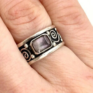 Sterling Amethyst Rectangular Stone Vintage Swirl Design Beaded Ring - sz 6.75